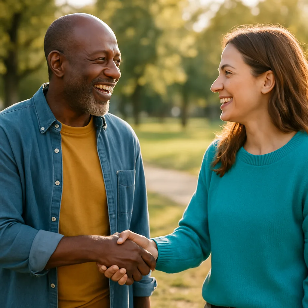 Two people meeting at a local park — genuinely local Devon dating
