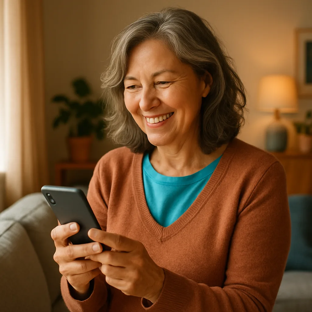 Smiling woman confidently checking her phone — verified profiles on The Devon Dating Site